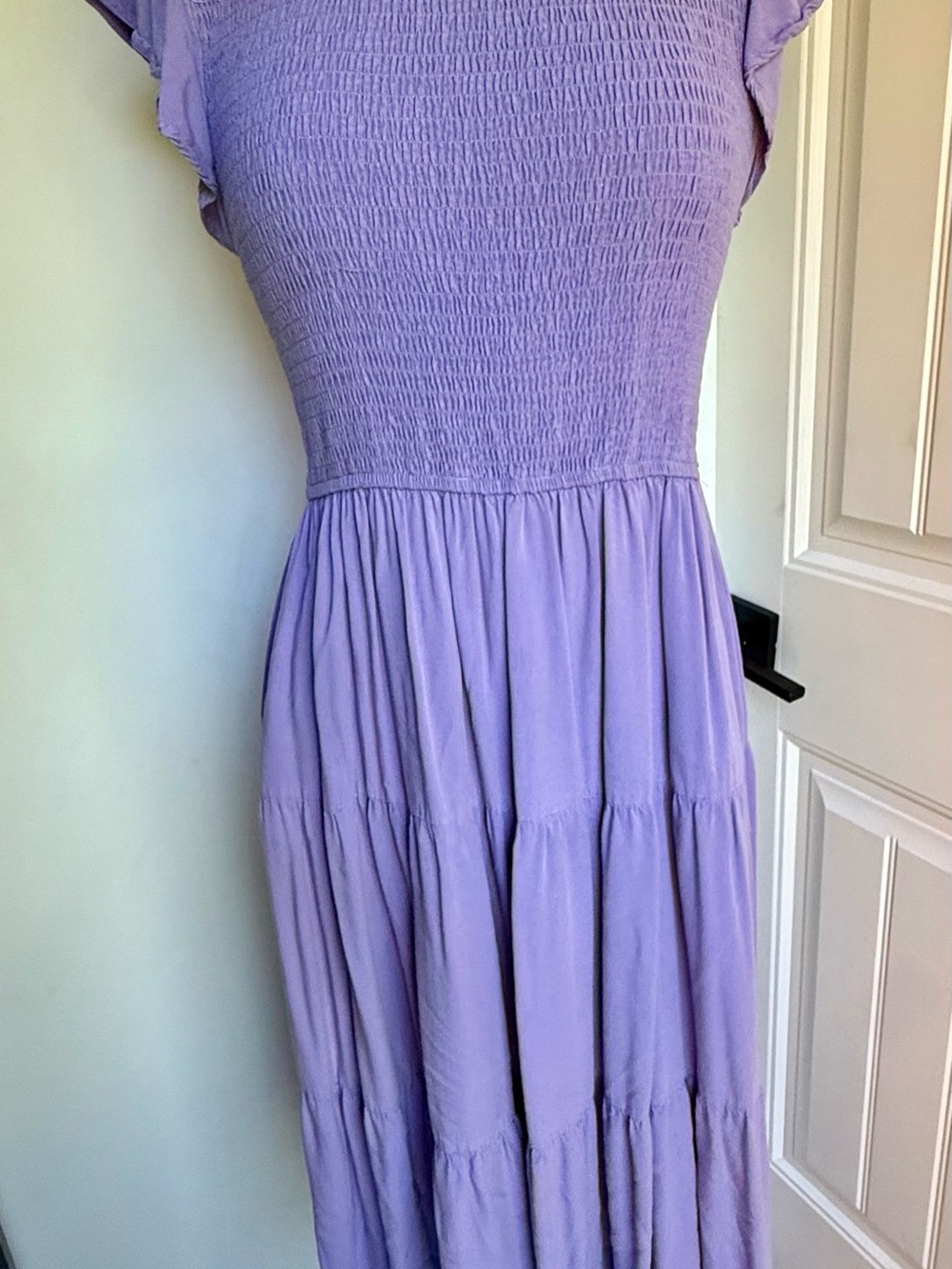 Lavender Smocked Midi Dress with Tiered Skirt